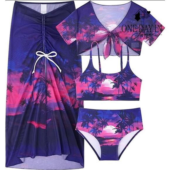 Girls Girl's Tropical Sunset Bikinii Swimsuit Coverup Set Size 14Y - Picture 1 of 5